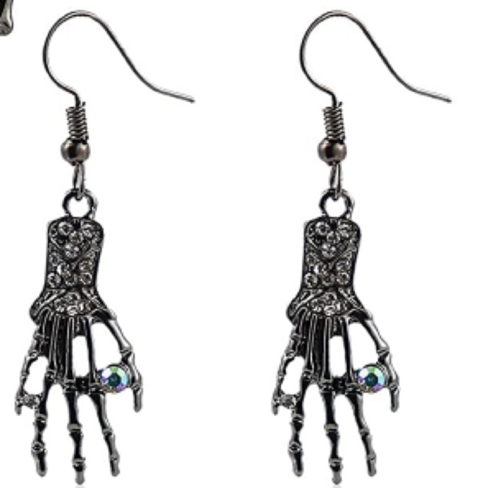 Silver Crystal Skeleton Hand Drop Earrings - Picture 3 of 3
